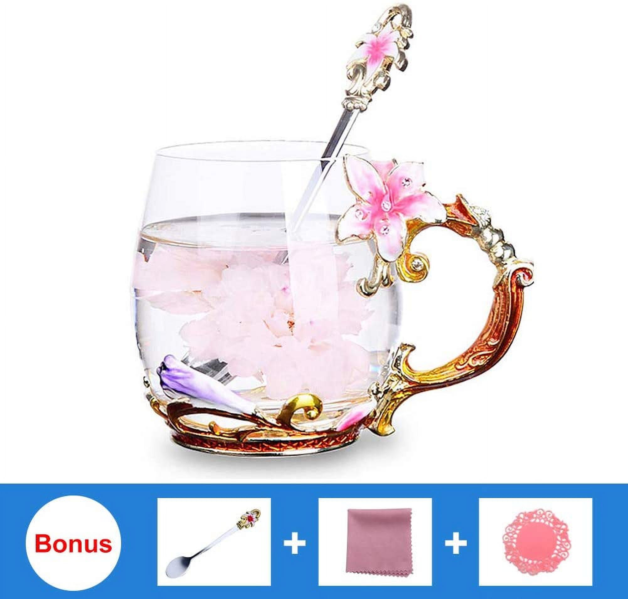 Peroptimist Flower Glass Tea Mug with Spoon, Lead Free Handmade Enamel Rose  and Butterfly Clear Glass Coffee Cup with Handle, Unique Christmas Birthday  Gift for Women Mom Grandma Female Friend 