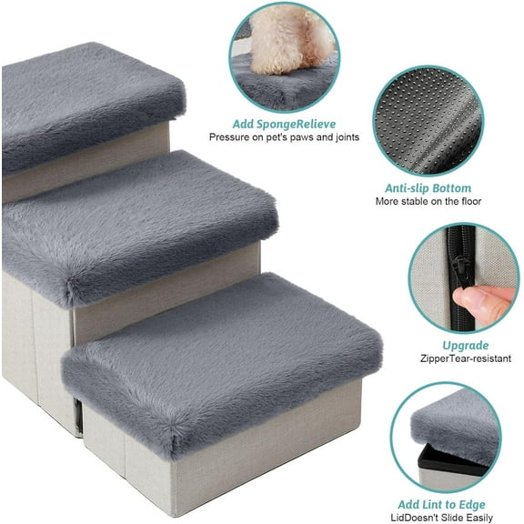 14"H Grey 3-Tier Foldable Pet Stairs - Condo & Storage, for Small/Medium Dogs/Puppies/Older Cats (Beds/Couches)