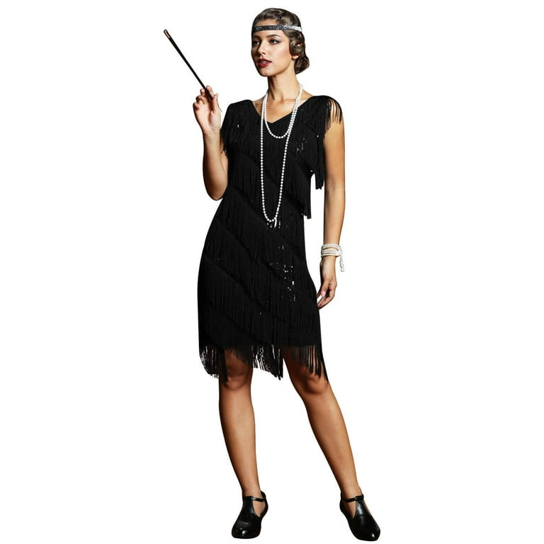 PrettyGuide Women's Flapper Dress Sequined Fringe 1920s Gatsby Party Cocktail Dresses Black with Accessories, Large -