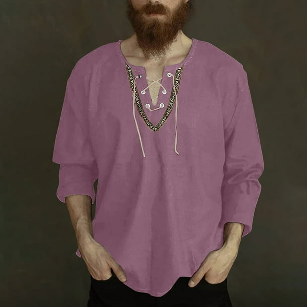 Blusas y camisas de manga larga con cuello en V para hombre, blusas casuales de moda con cordón y cuello en V de manga larga, blusas para hombre