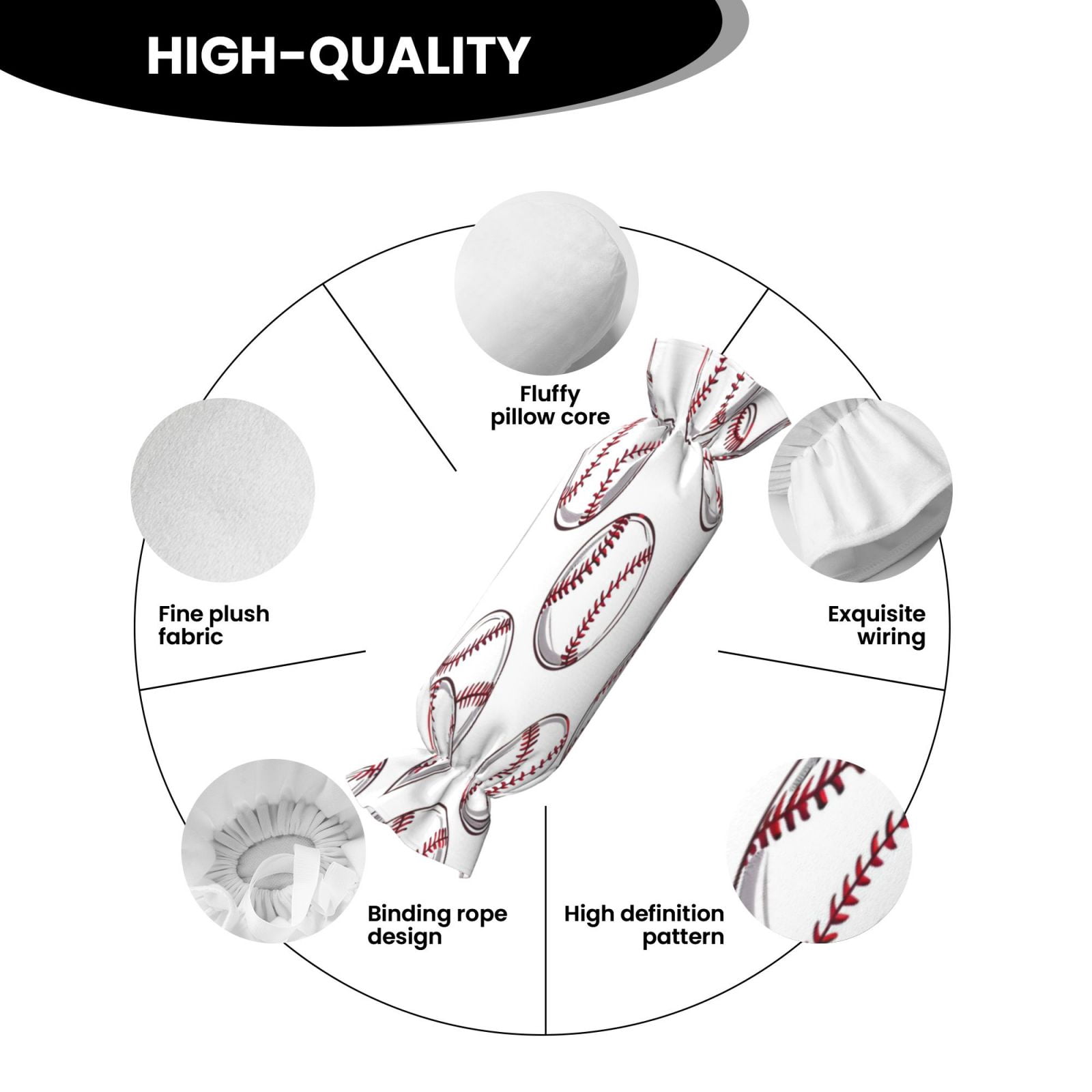 Candy Throw Pillow Travel Cervical Pillow Cylindrical Neck Body Cushion With Insert For Bed Couch Home Decor 9.8x24.4in Baseball Theme Sporty Dynamic Style White Baseballs With Red Stitching