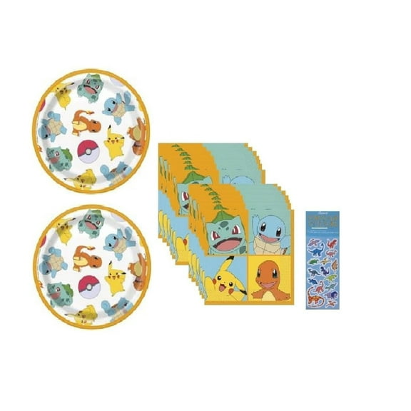 Pokemon Birthday Party Supplies Bundle includes 16 Paper Plates 7", 16 Napkins, 1 Dinosaur Sticker Sheet