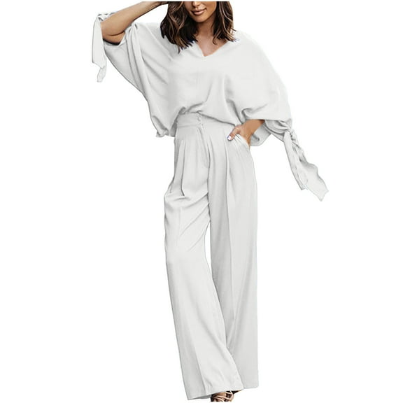 Fashion 2 Piece Set Women Self Tie Long Sleeve Shirts Pullover with High Waist Wide Leg Pants Pockets Lounge Outfits