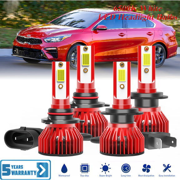 Compatible with Kia Forte 2017 2018 – 9005+H7 High Low Beam Lamp Set 4 Pack - 30,000LM 6500K Cool White 600% Ultra-Bright Bulb, Plug & Play