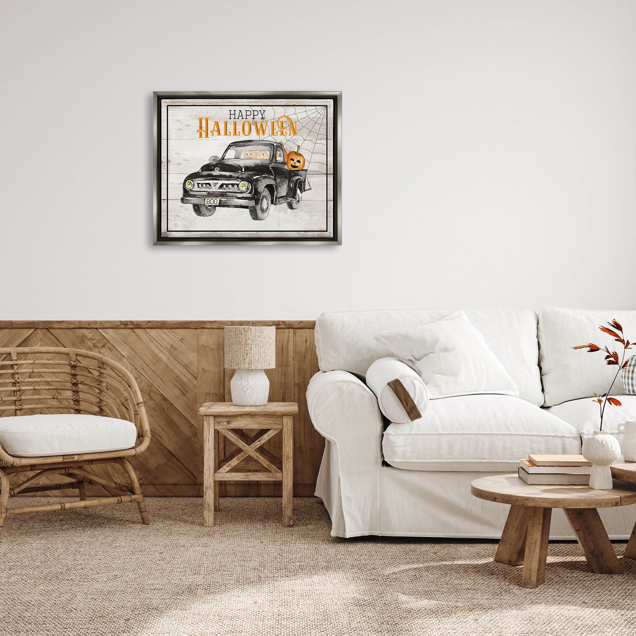 Stupell Industries Happy Halloween Pumpkin Truck Graphic Art Luster Gray Floating Framed Canvas Print Wall Art, Design by Daniela Santiago