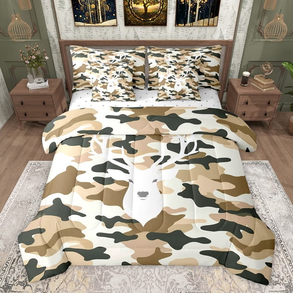 Feelyou Khaki Camouflage Camo Bedding Comforter Set 7pcs, Hippie Western Deer Moose King Bedding Sets, Rustic Farmhouse Reversible Bed Sheets, Lightweight Room Decor