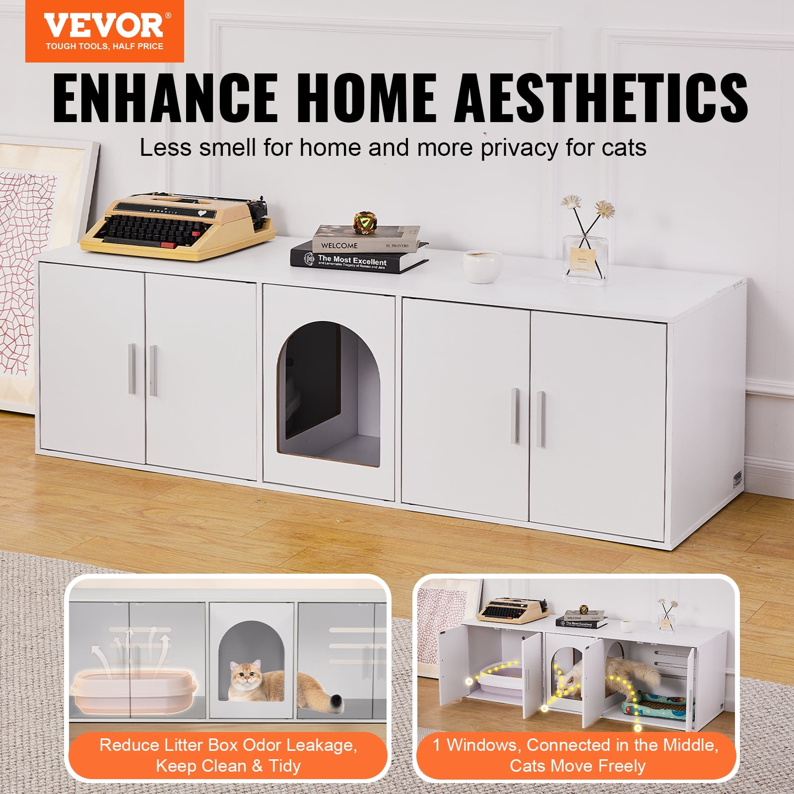 VEVOR Cat Litter Box Enclosure for 2 Cats, Litter Box Furniture Hidden with Double Rooms, Wooden Cat Box Cabinet Fit Most of Litter Box, 57.9"L x 18.3"W x 17.9"H, White
