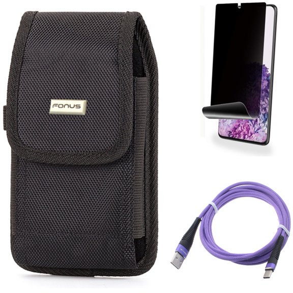 6ft USB Cable w Case Belt Clip w Privacy Screen Protector for Samsung Galaxy S20 Plus - Purple Type-C Charger Cord, Rugged Holster Canvas, TPU Film [NOT GLASS] [Fingerprint fits Galaxy S20 Plus