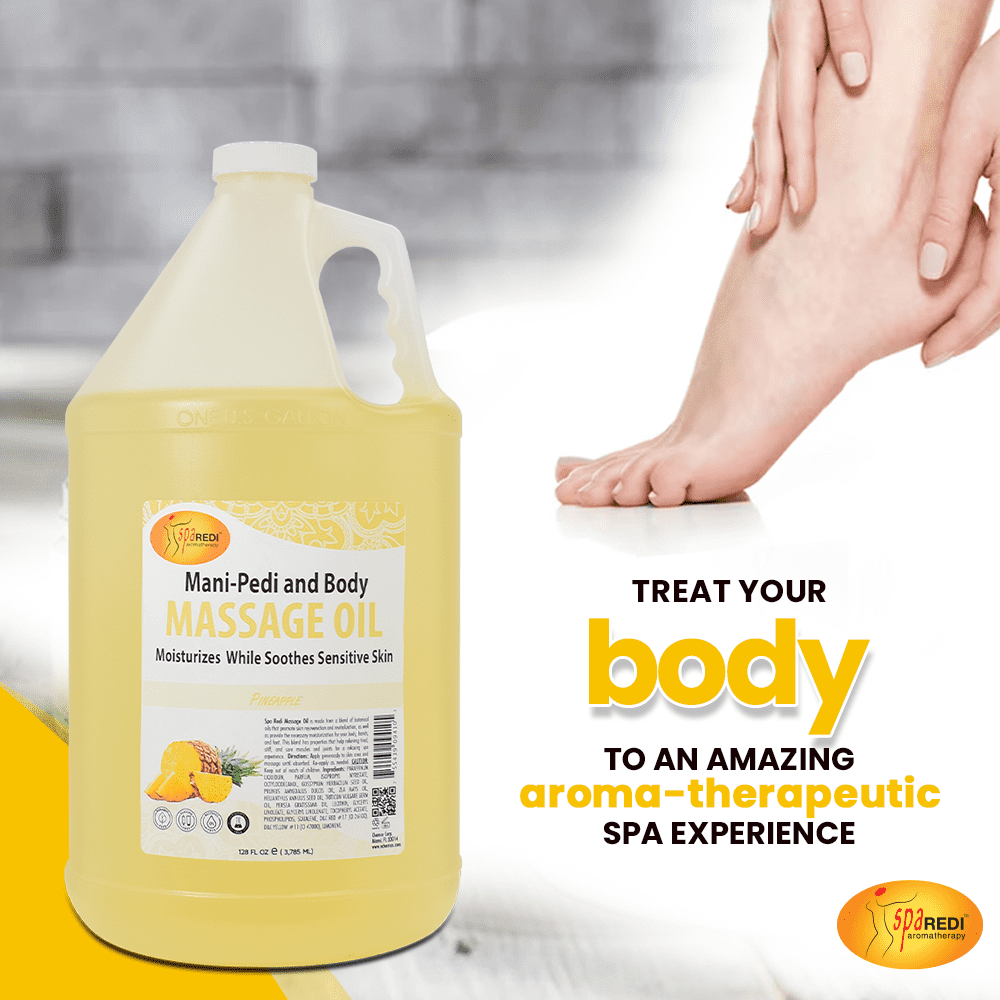 SPA REDI - Massage Oil, Pineapple, 128 Oz - Professional Pedicure, Manicure, Full Body Massage Therapy, Made with Almond Oil, Cotton Seed Oil, Sunflower Oil, Avocado Oil, Essential Oils, Vitamin E