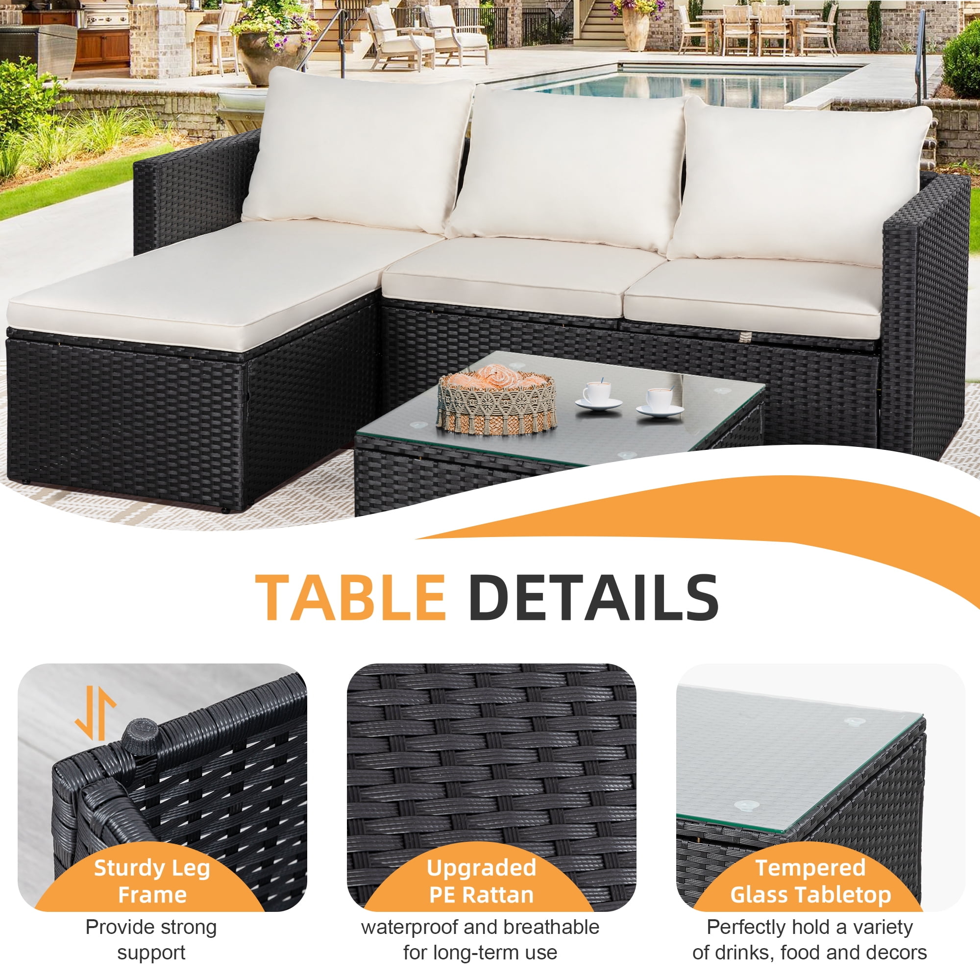 Walsunny 3 Pieces patio furniture set, Rattan Wicker Outdoor Conversation Set with Cushions and Glass Tabletop,White