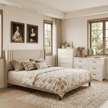 3 Piece Bedroom Set, Queen Upholstered Platform Bed with Headboard, 2-Drawer Nightstand, Tall 6-Drawer and 6-Drawer Dresser with Anti-Tip Safety Furniture Set - Beige