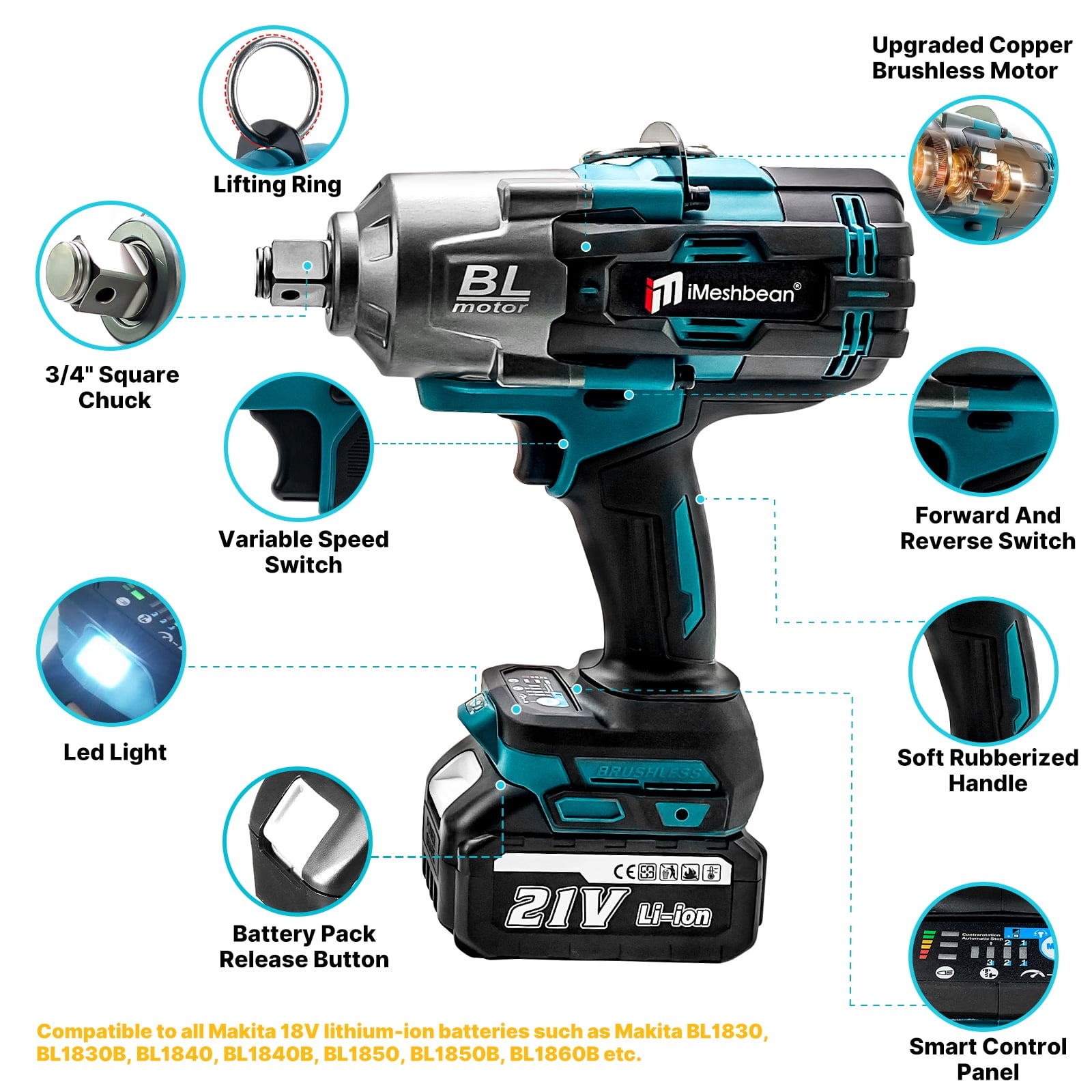 iMeshbean Brushless Cordless 3/4” High Torque Electric Impact Wrench 1549Ft-lbs(2100Nm)