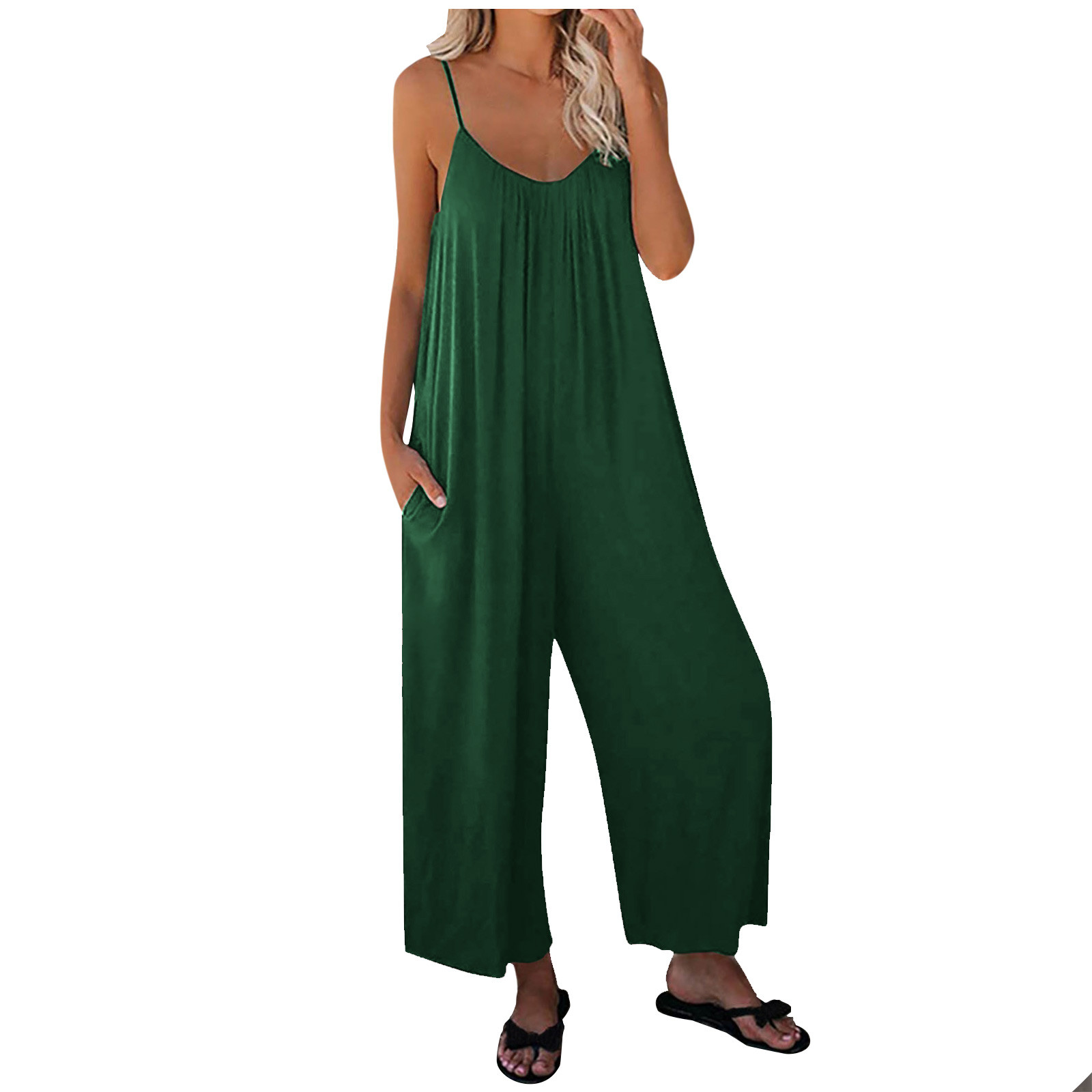 AIEOTT Jumpsuits for Women Clearance,Rompers for Women,Women Summer  European And American Sling Solid Pocket Casual Jumpsuit,Wide Leg Bib  Overall Loose Pants,Big Holiday Savings