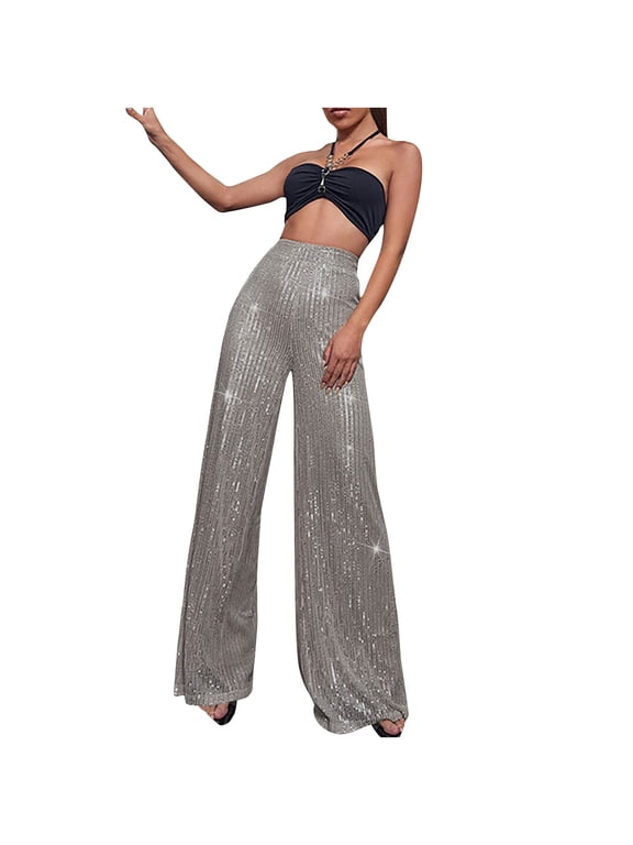 Sequin Pants Fall Women Flared Pants Pull On 70S Glitter Clubwear Streetwear Pants for Women Sparkly Women Wide Leg Trousers Womens Trousers Elastied Waist