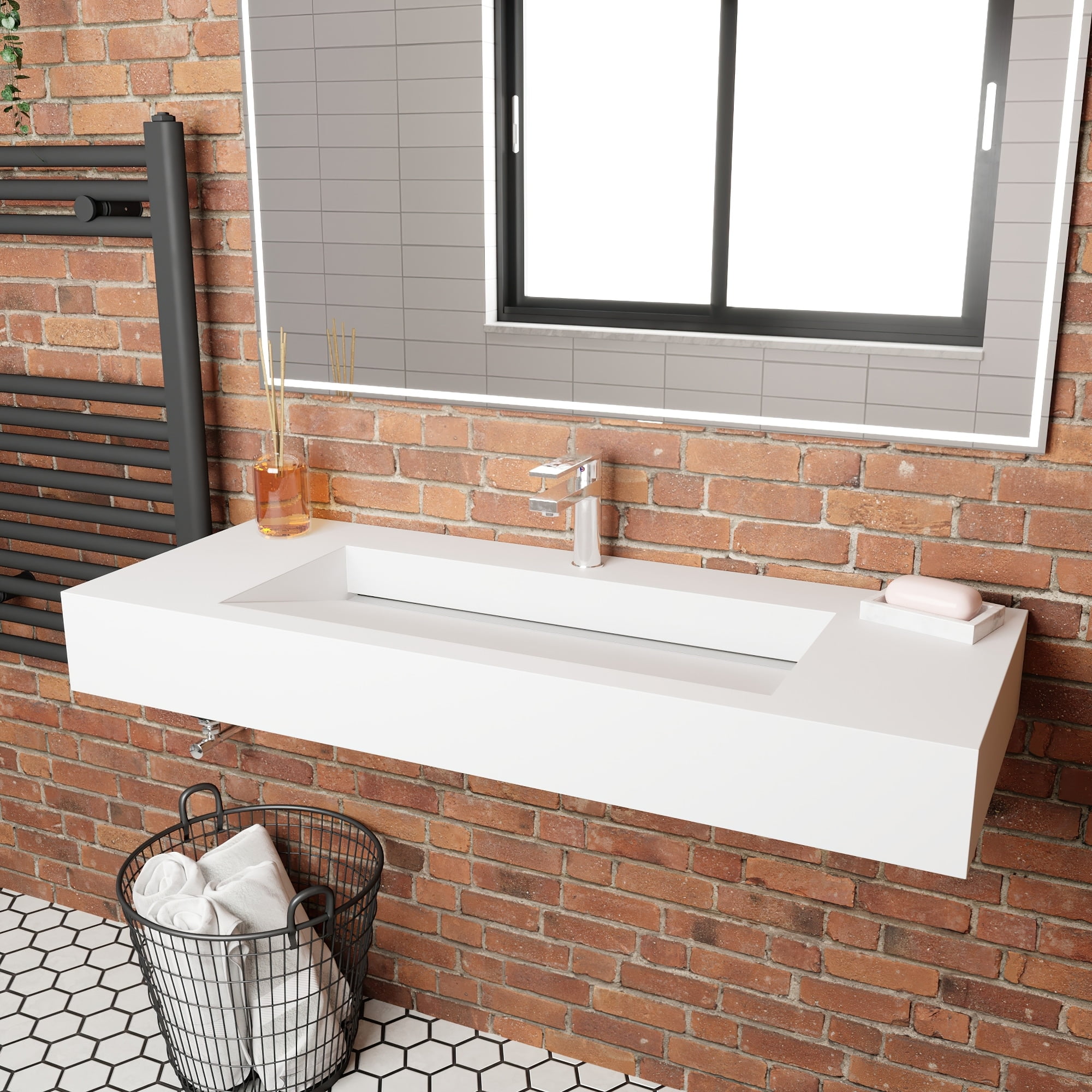 CastelloUSA Pyramid Solid Surface Wall-Mounted Bathroom Sink Grey 72"