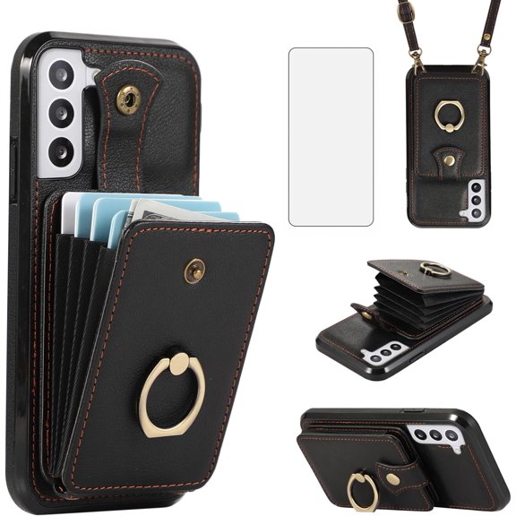 REQO Phone Case for Samsung Galaxy S22 Plus S22 5G Wallet Cell Cover with Screen Protector and Crossbody Strap Ring Stand RFID Credit Card Holder S22 5G S22plus 22S S 22 22 Women Girls Black