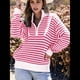 thumbnail image 5 of Suéter de Punto Acanalado de Larga con Media Cremallera A Rayas para Mujer, Tops Casuales, Cómodos y Ligeros, Moda de Otoño Rosa L, 5 of 8