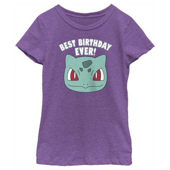 Girl's Pokemon Bulbasaur Best Birthday Ever  Graphic Tee Purple Berry Small