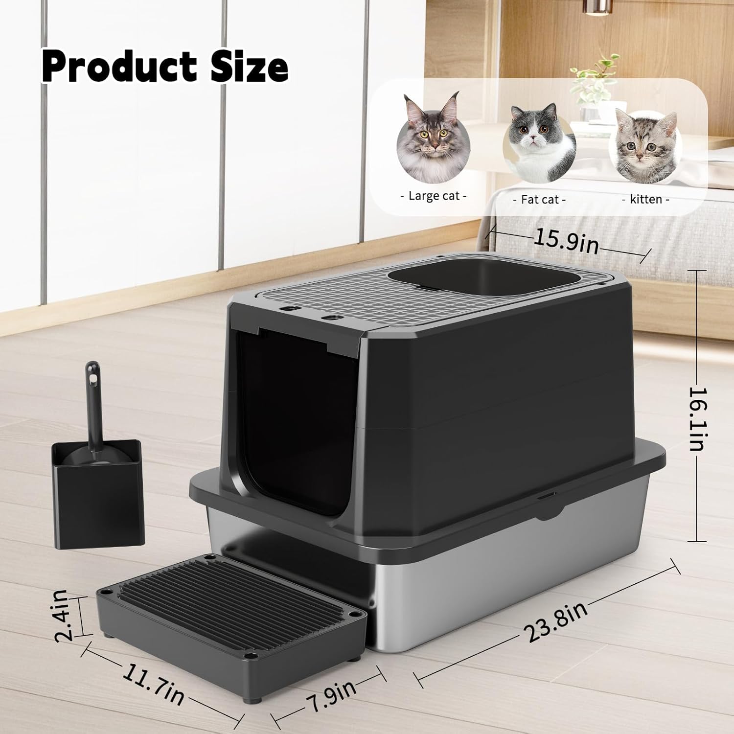 Enclosed Cat Litter Box: All Black Stainless Steel - Odor-Resistant & Easy Wipe Clean - Teflon Non-Stick Coating for Quick Cleaning - Large Top-Exit Pan for Modern Homes Garage