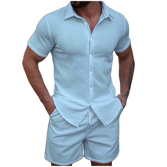 IROINNID Men's 2 Piece Casual Short Sleeve Button Down Shirt and Shorts Set Textured Jacquard Turndown Collar for Summer Beach Vacation