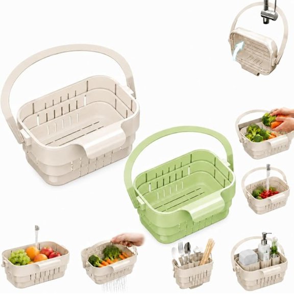 Foldable Hanging Sink Drain Basket, 2026 New 2-in-1 Foldable Sink Colander Anti-Clog Filter & Organizer, Multi-functional Kitchen Sink Strainer Basket Stretchable Colander