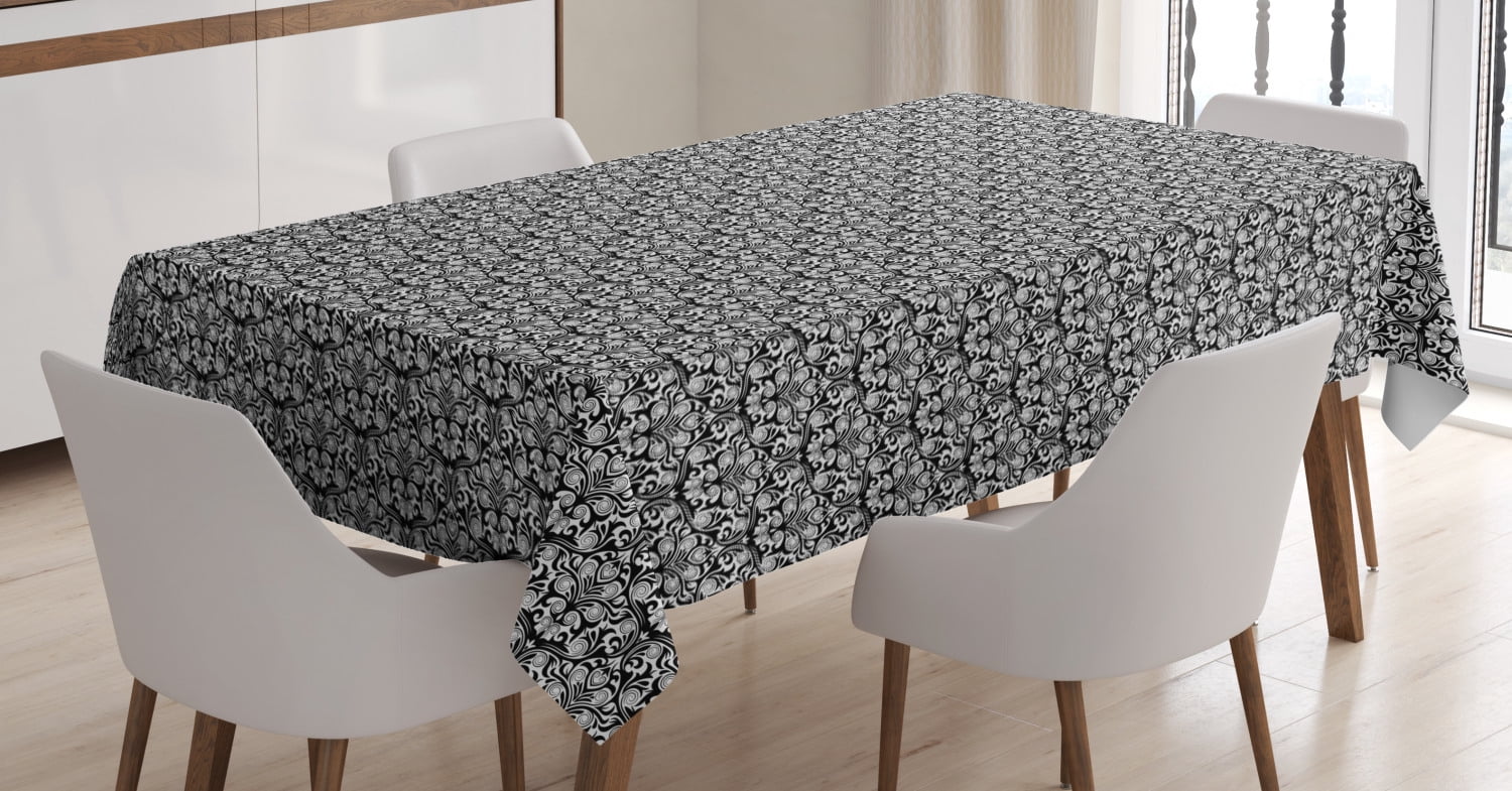 Black and White Tablecloth, Scroll Curly Leaves and Petals with Swirl ...