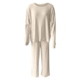thumbnail image 6 of Women's Ribbed Knit Two Piece Sleepwear Set 2025, Long Sleeve Loungewear Pajamas with Crew Neck Top, Soft Comfortable Casual Sportswear for Home Relaxation, Travel and Everyday Wear Beige XL, 6 of 6