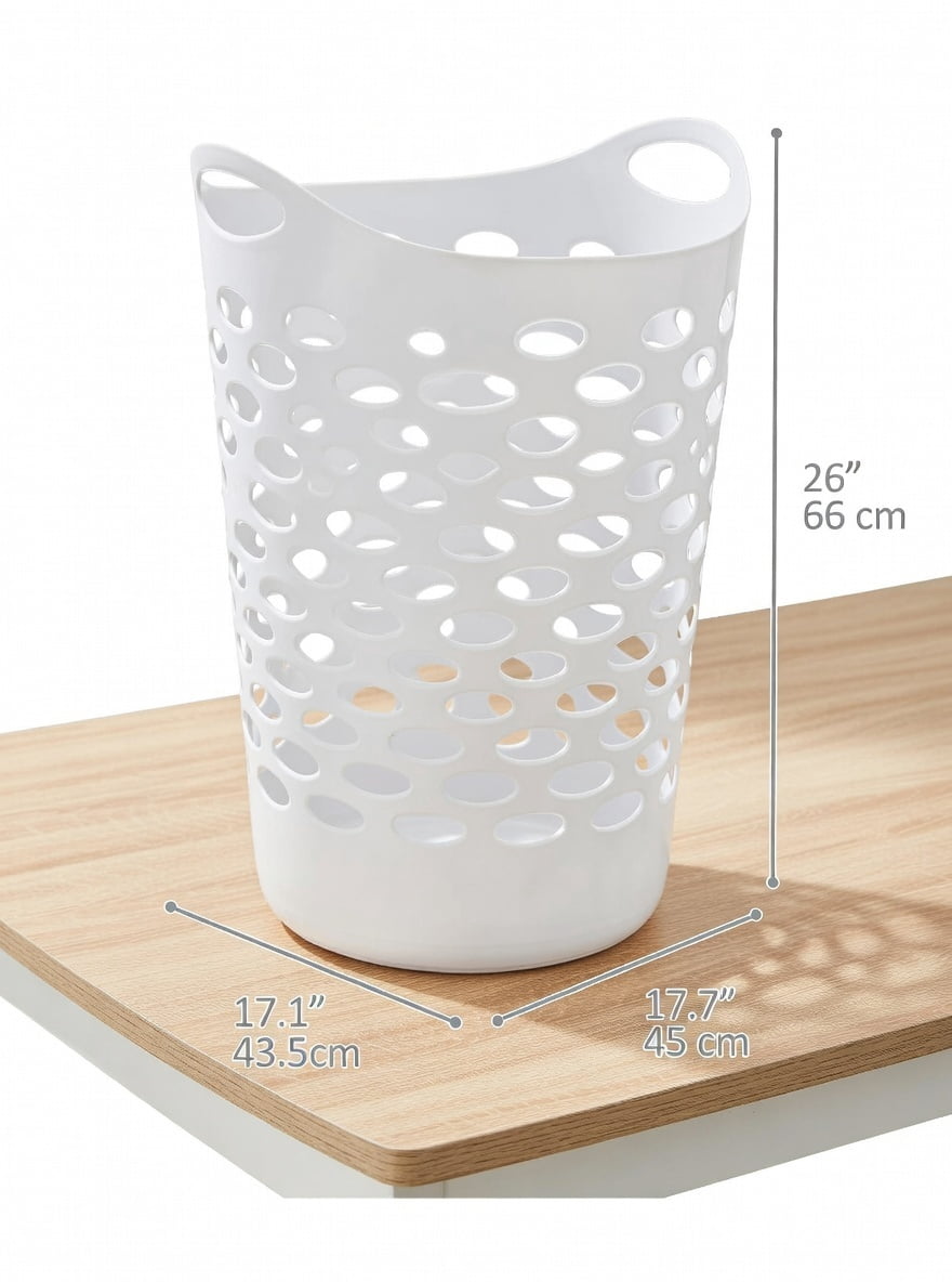 Large Ventilated Plastic Laundry Hamper 26" Tall White - Breathable Holes Design with Comfort Carry Handles for Bedroom Bathroom Dorm