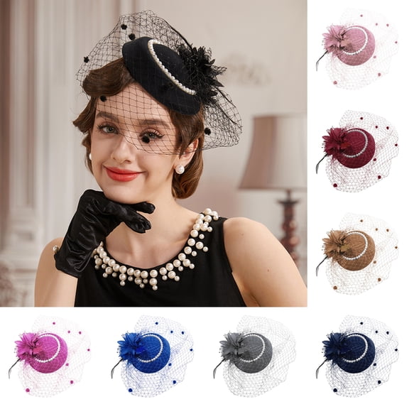 SmartBy Vintage Style Pillbox Hat with Faux Pearls Mesh Feather Decor Hair Topper Headwear Weddings Events Hair Accessories