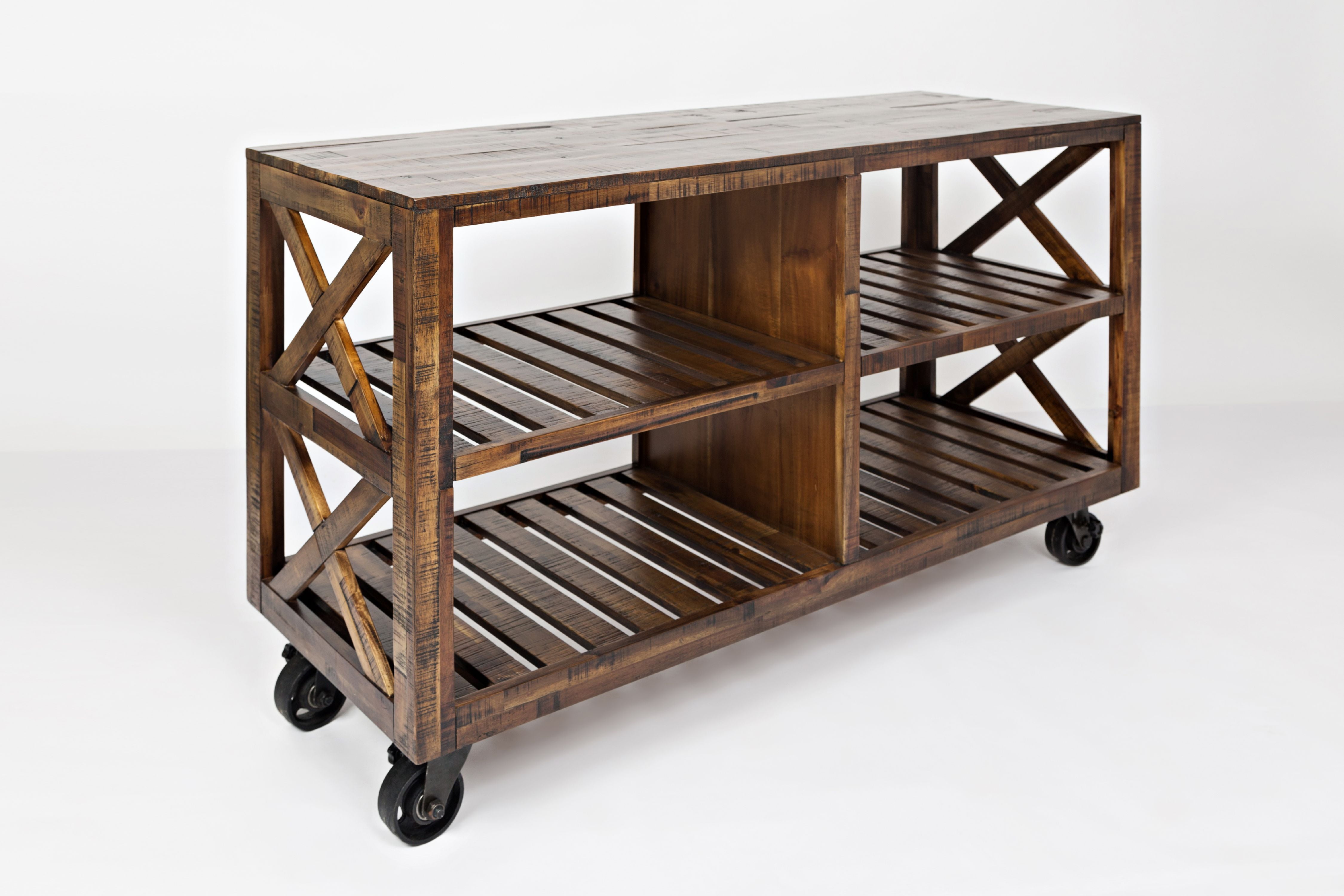 Country Rustic Wooden Trolley Cart With 4 Shelves, Brown