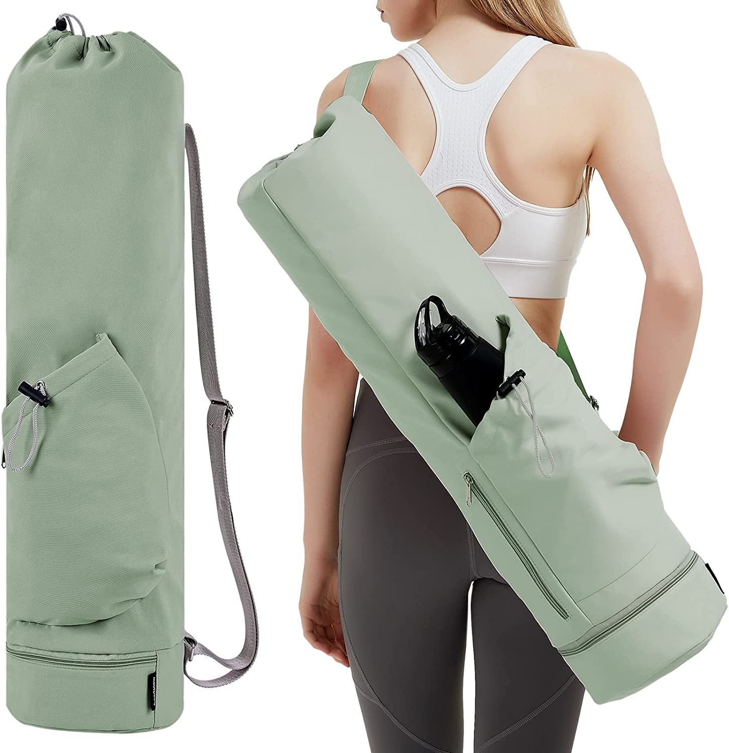 Sportsnew Yoga Mat Bag with Water Bottle Pocket and Bottom Wet Pocket,  Exercise Yoga Mat Carrier Multi-Functional Storage Bag,Mint Green 
