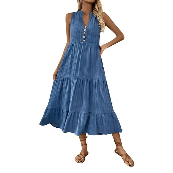 Generic Women's Sleeveless Button Down Summer Dress Casual Loose Fit V-Neck Midi Sundress with Tiered Hem