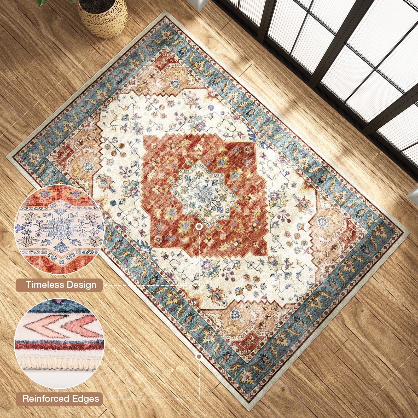 Washable Area Rug for Living Room, NovDeco 9'x12' Non-Slip Vintage Print Persian Indoor Rug, Stain Resistant Carpet for Bedroom, Kitchen, Brick Red