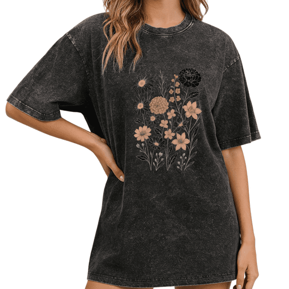 Black Wash Print Tshirt Graphic Tees Shirts Wildflower Cluster Spring Outdoor Casual Comfort Wear S-2XL Tops