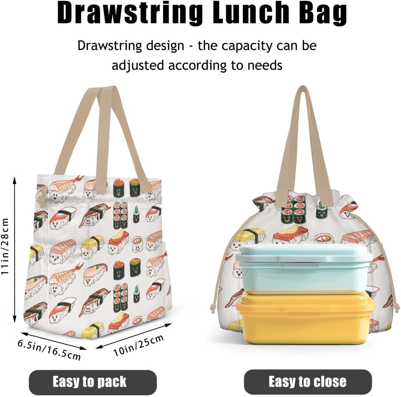 Lunch Bag for Women Insulated Womens Drawstring Lunch Bag for Work, Stain-Resistant Large Lunch Box for Women with Containers, Cinch Closure Cromwell Bag Black Man Reusable Lunch Bag Office