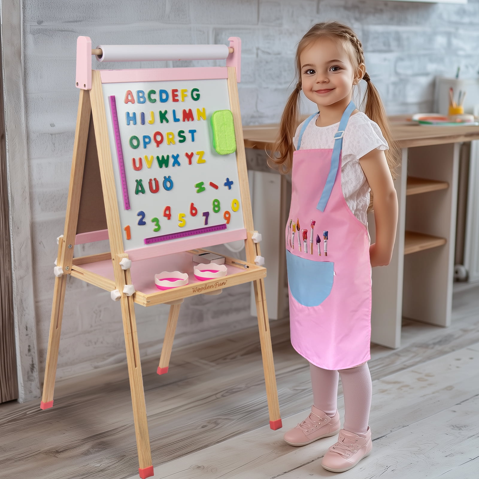 Kids Wooden Easel with Paper Roll, Adjustable Magnetic Double Sided Drawing Board Whiteboard & Chalkboard Dry Easel Board, Children Art Easel for 3-12 Years Kids Boys Girls Painting Drawing