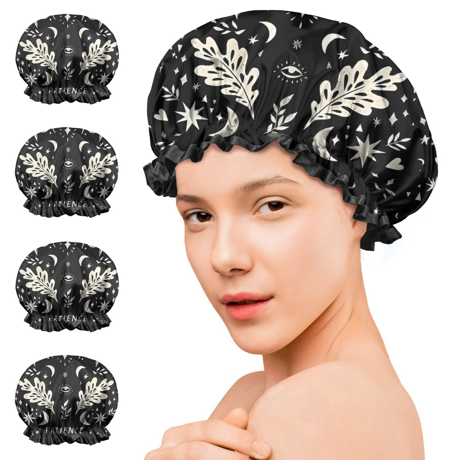 Shower Caps,Black Gothic Moon Flower Star Pattern Waterproof Shower Cap for Women 4 Pieces,Double Reusable Hair Cover for Shower PEVA Elastic Stretch Hem