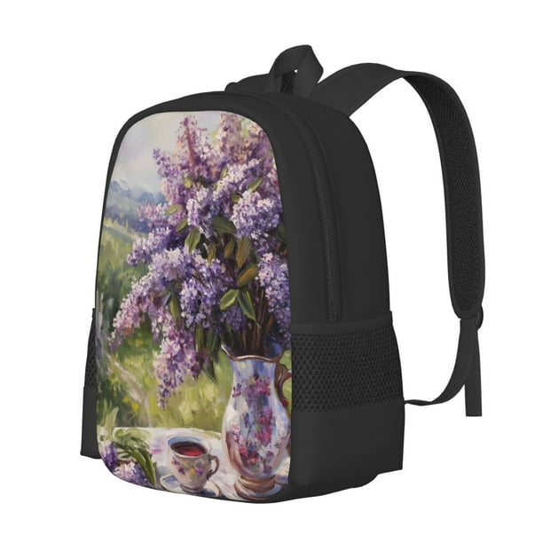 Balery Lilacs Teapot Scenic Painting Mochila para hombre y mujer - Tela Oxford 600D resistente - Gran capacidad, resistente al agua, ideal para la escuela, viajes y senderismo