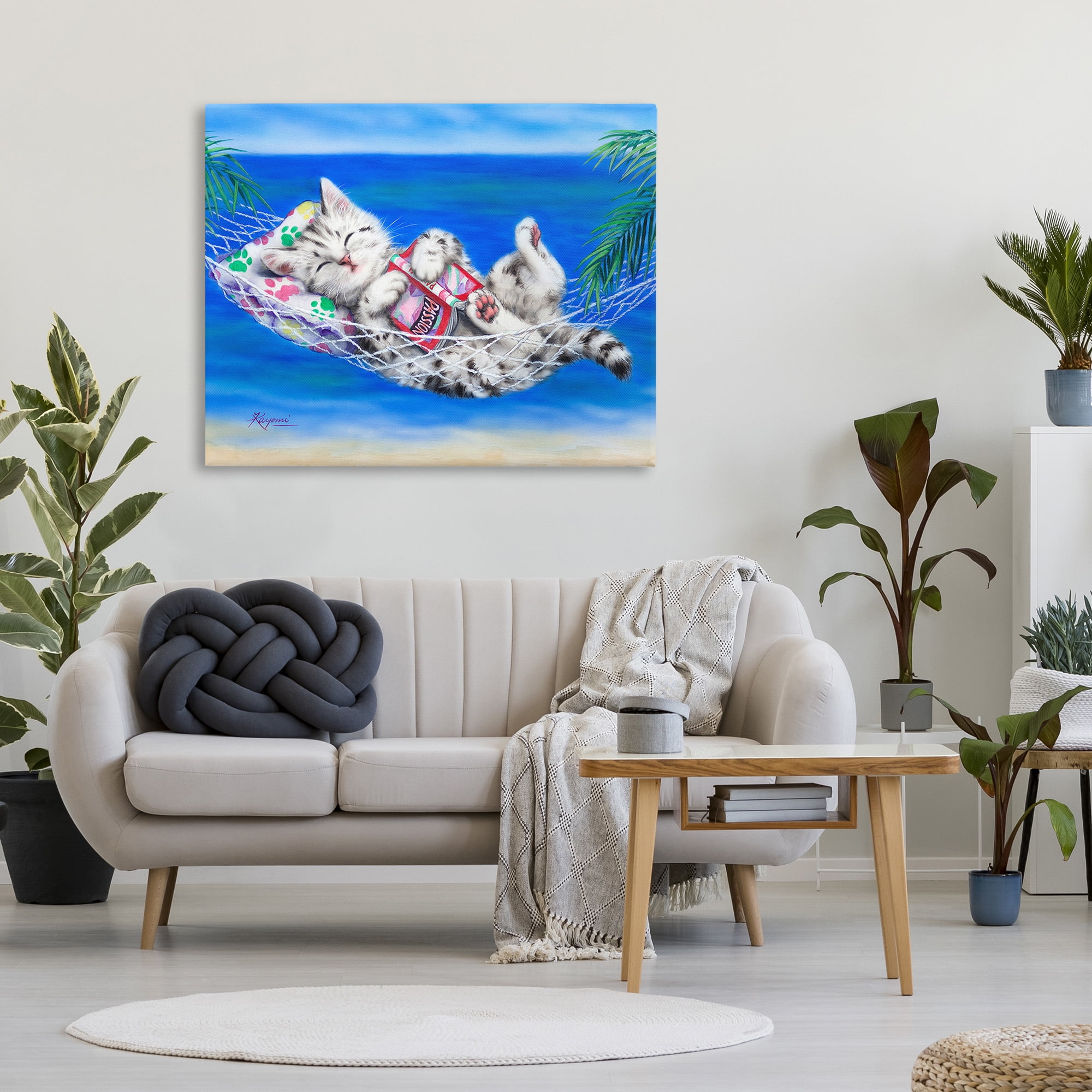 Stupell Industries Kitten Sleeping on Beach Animals & Insects Painting Gallery Wrapped Canvas Art Print Wall Art, 48 x 36