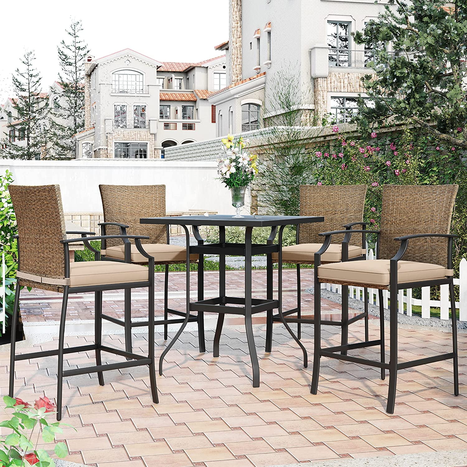 VIRUBI Outdoor Patio Funiture 5Piece PE Rattan Counter Height Dining Table Set with 4 Chairs