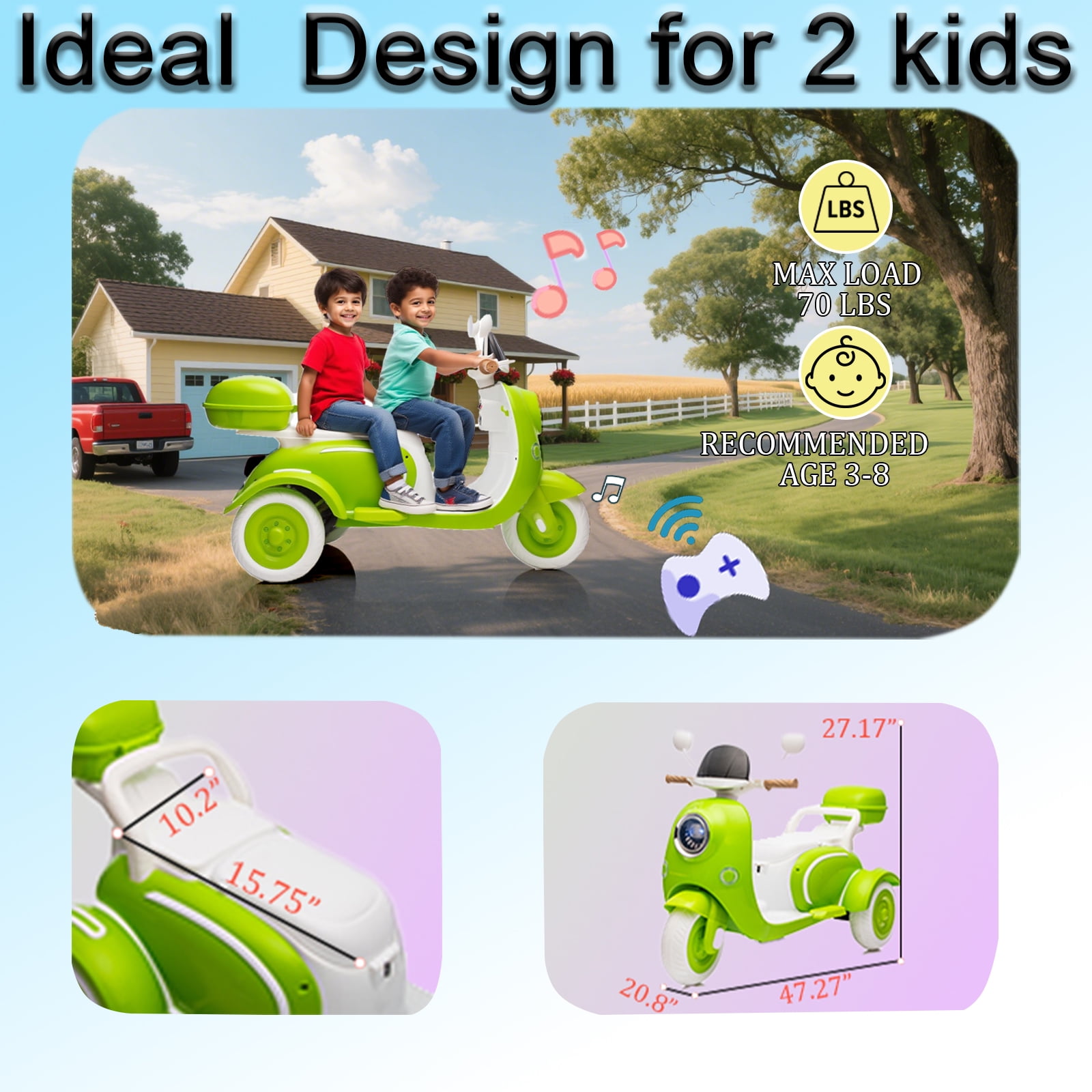 FINITO 12V 2 Seater Kids Electric Motorcycle, 3 Wheel 2WD Electric Bike with Storage Box, Bluetooth Music, LED Light, Green