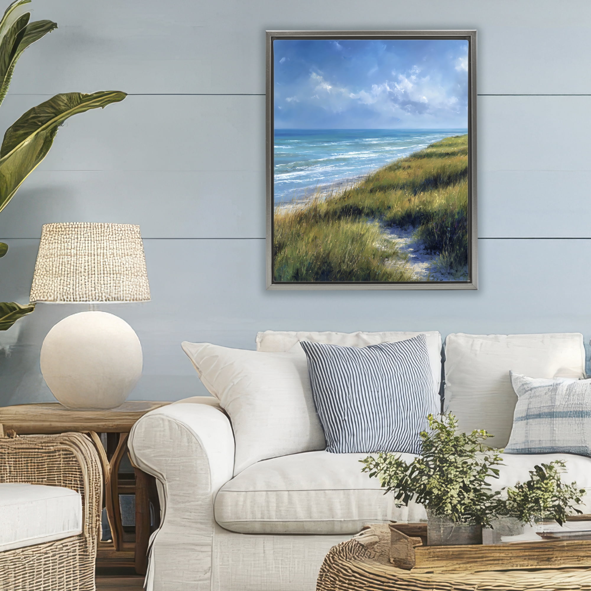 Stupell Industries Coastal Grass & Rolling Waves Gray Framed Floater Canvas Wall Art, design by Franklyn Gregory