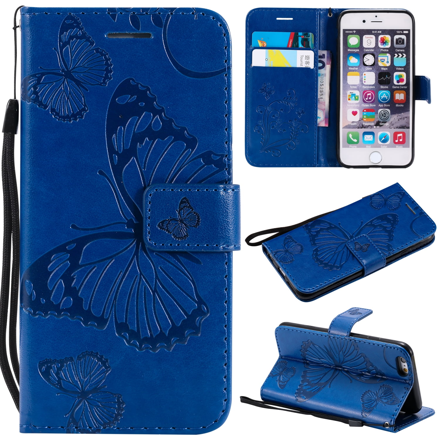 DENDICO iPhone 6 / iPhone 6s Wallet Case Flip Folio Book Case Full Body Protection with Card Holder for Apple iPhone 6 / iPhone 6s Green Premium Leather Cover with Butterfly Design 