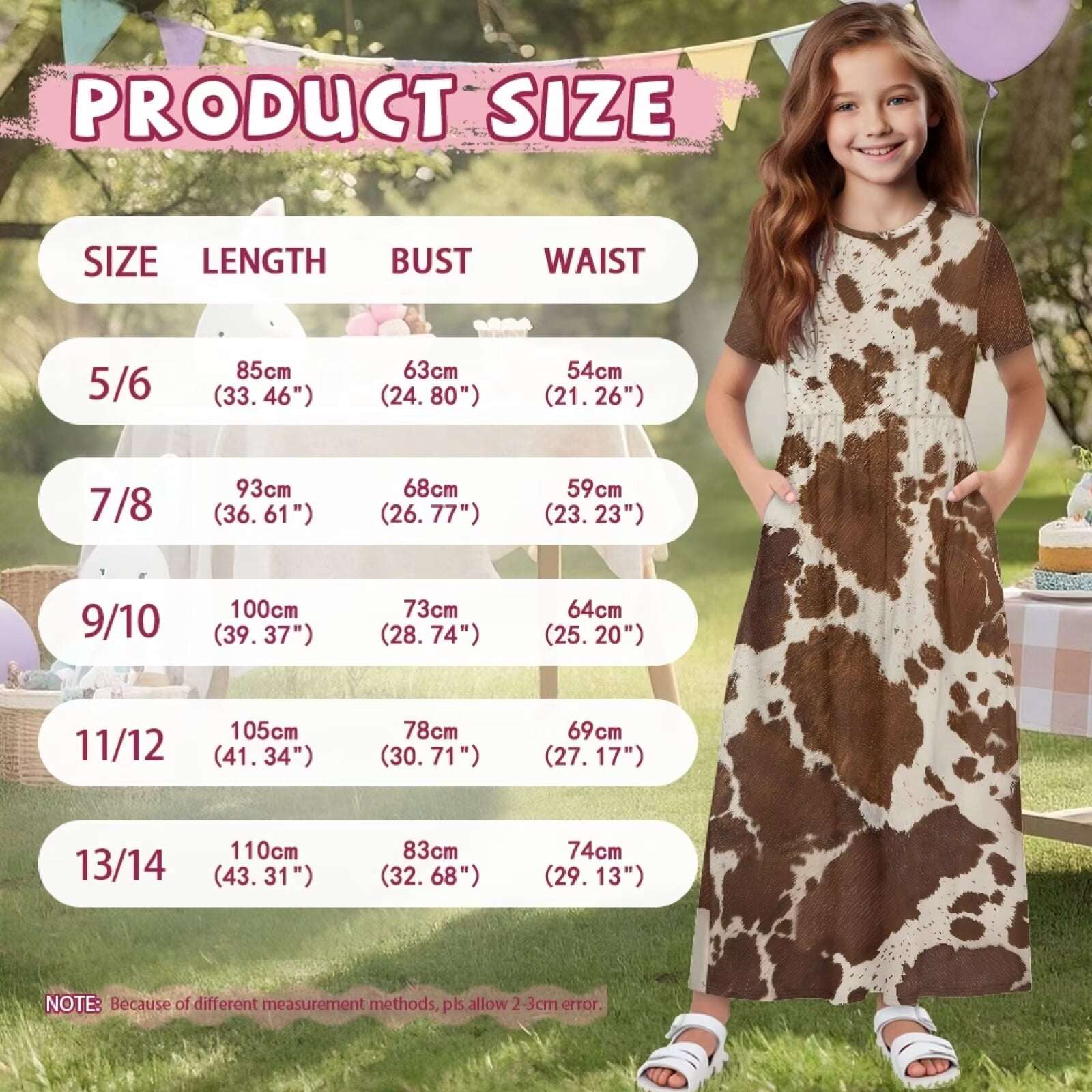 Uourmeti Girls Elegant Maxi Dress, Brown Cow Printed Short Sleeves Dress with Pockets Summer Long Holiday Dresses, Size 9-10 Years