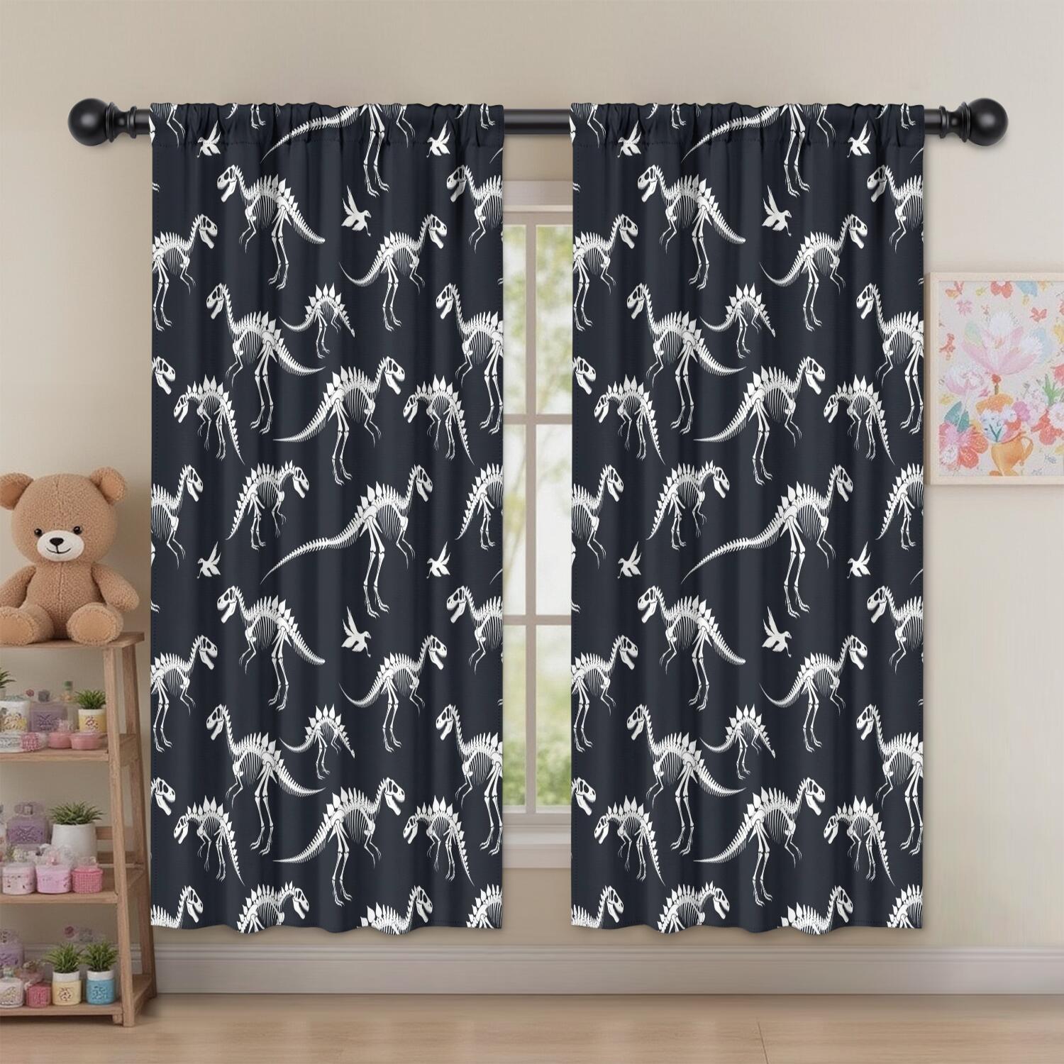 Blackout Kids Curtains,Black Cartoon Dinosaurs Skeletons Pattern Childrens Insulated Curtains Set Of 2,Bedroom Essentials,Toddler Room Decor 52"x63"