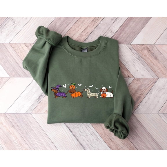 VibeNest Studio Unisex Cute Dachshund Halloween Witch Ghost Pumpkin Costume Crewneck Sweatshirt