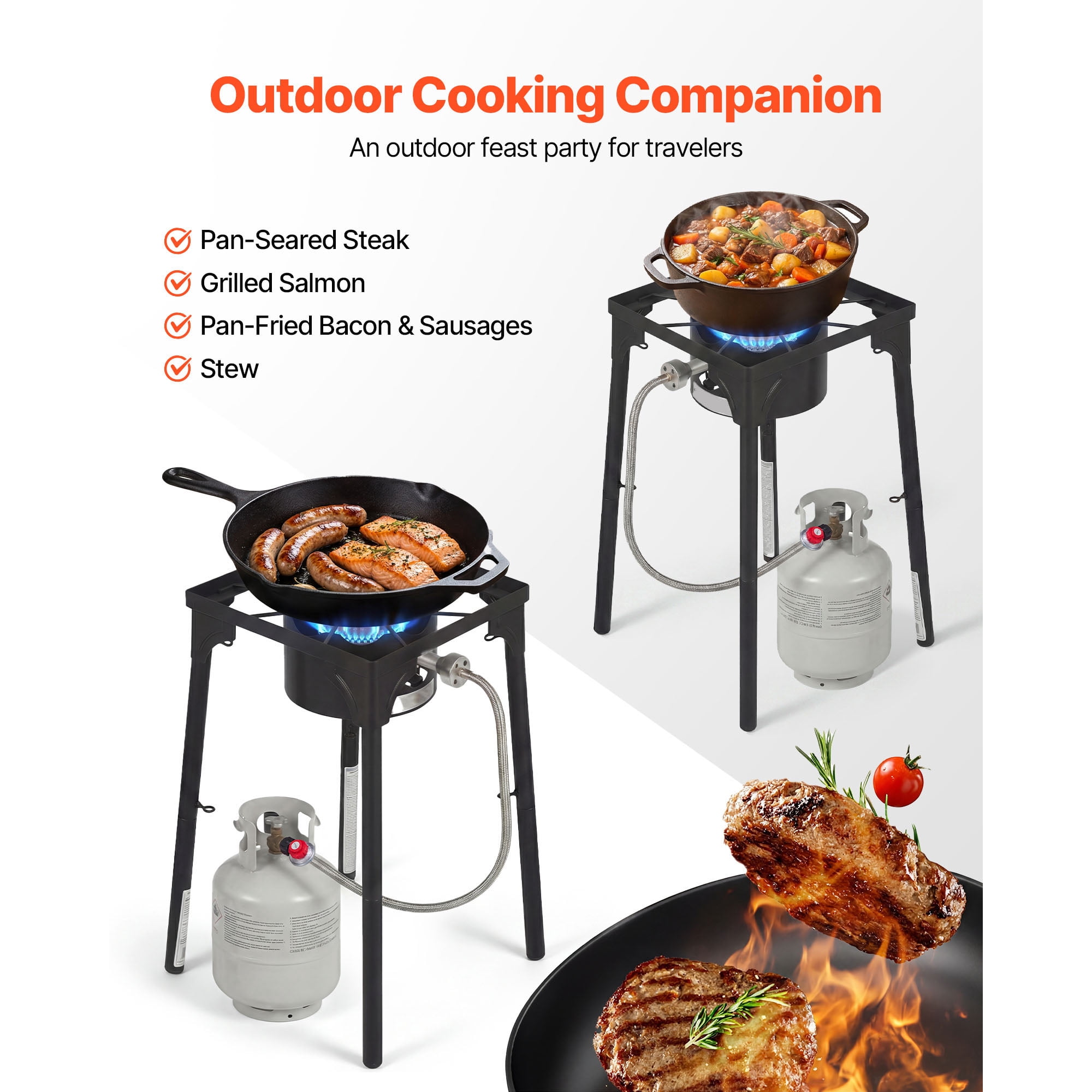 KFFKFF Single Burner Outdoor Propane Gas Stove, 100,000 BTU LPG Camping Cooker, Durable Carbon Steel Design with Stand & Regulator, Ideal for BBQs, Camping, Patio, RV, and Home Cooking