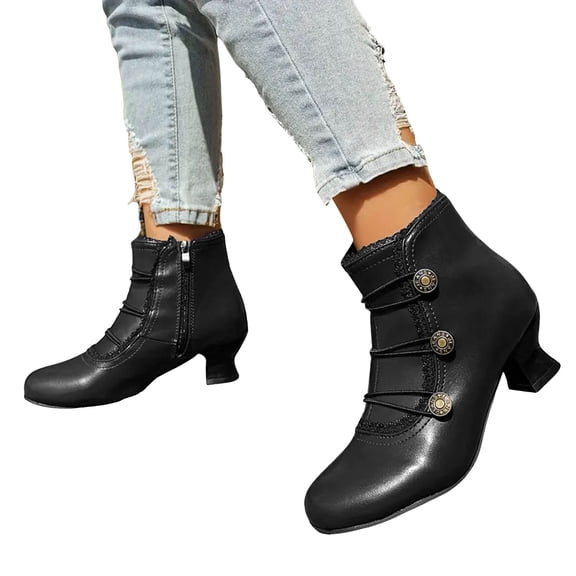 Rokment Women's Retro Dress Combat Boots with Side Zipper Christmas Dancing Party Vintage Leather Round Toe Mid Heel Dressy Ankle Booties Black Size 6