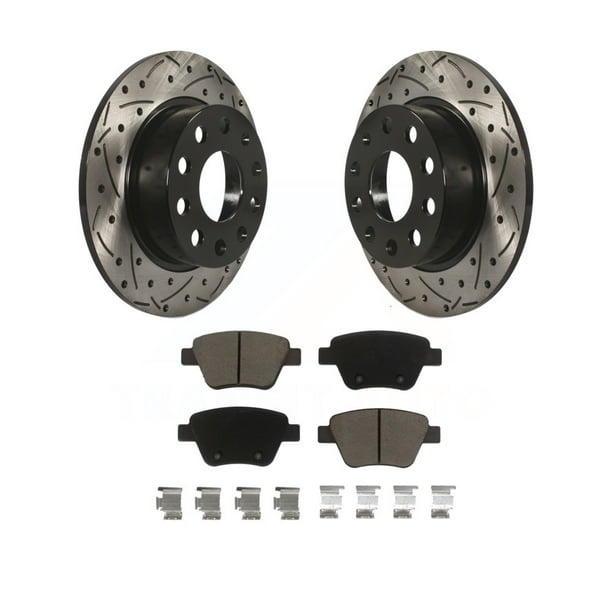 Transit Auto - Rear Coated Drilled Slotted Disc Brake Rotors And Ceramic Pads  Kit For Volkswagen Beetle GTI Eos With 253mm Diameter Rotor KDC-100703 