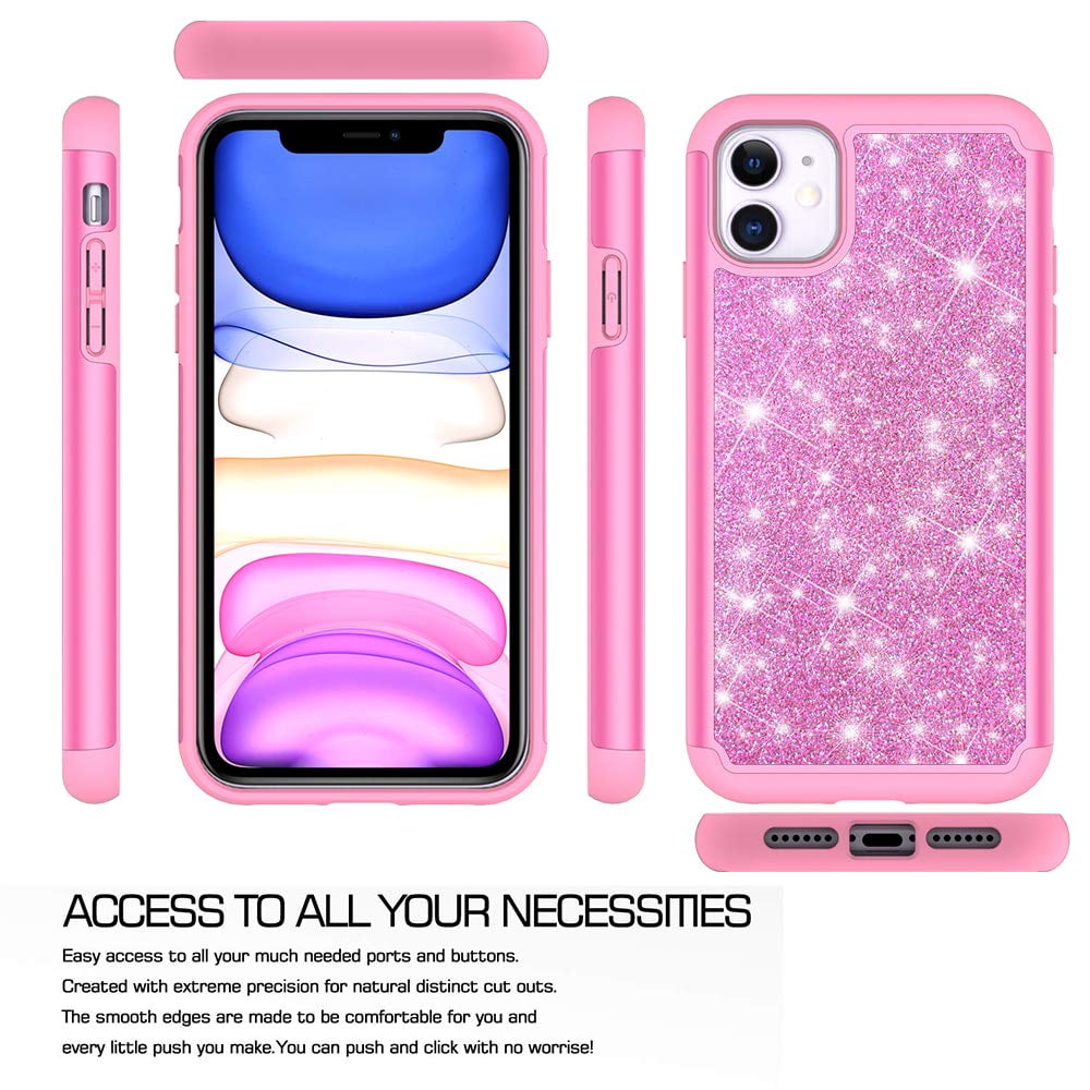 Apple Iphone 11 Case Cute Girls Women W Tempered Glass Screen Protector Heavy Duty Protective Phone Cover Case For Iphone 11 Glitter Hot Pink Walmart Com